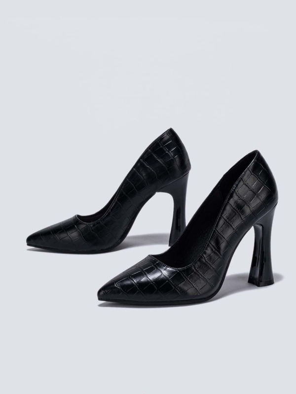 Crocodile Embossed Point Toe Heeled Court Pumps, Black Elegant