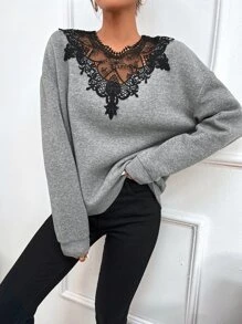SHEIN Frenchy Guipure Lace Insert Drop Shoulder Sweatshirt - Grey - View 1