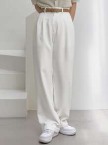Dazy-Less High Waist Fold Pleated Trousers Without Belt - White - View 1