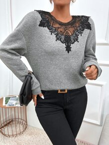 SHEIN Frenchy Guipure Lace Insert Drop Shoulder Sweatshirt - Grey - View 4