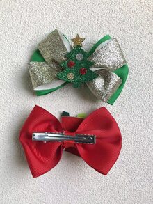 2pcs Girls Christmas Tree Decor Hair Clip - Multicolor - View 2
