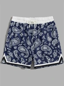ROMWE MEN Street Life Men Paisley Print Drawstring Waist Shorts, School - Blue and White - View 1