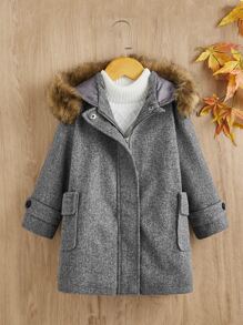 SHEIN 小女童毛茸邊連帽花呢外套