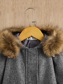 SHEIN 小女童毛茸邊連帽花呢外套