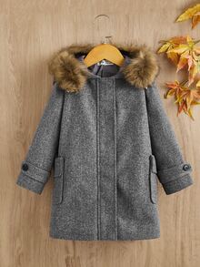 SHEIN 小女童毛茸邊連帽花呢外套