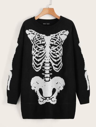 Skeleton Pattern Drop Shoulder Sweater