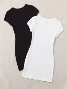 SHEIN EZwear 2 Packs Rib-Knit Dress,Business Casual Woman - Black and White - View 2