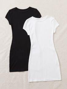 SHEIN EZwear 2 Packs Rib-Knit Dress,Business Casual Woman - Black and White - View 3