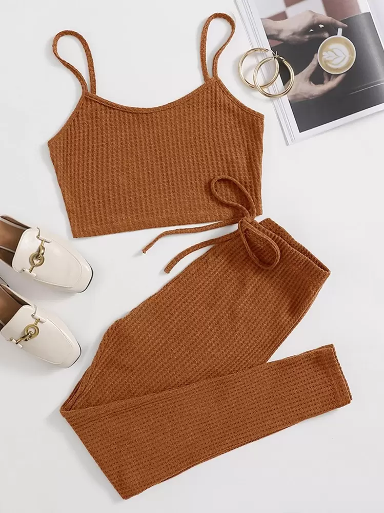 Muchica Solid Cami Top & Knotted Waist Leggings Set - Brown - View 1