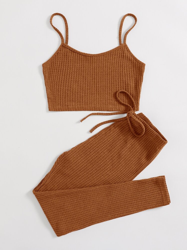 Muchica Solid Cami Top & Knotted Waist Leggings Set - Brown - View 3