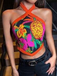 SHEINNeu Áo hai dây Lộ Lưng Buộc lại Hoa Boho - Nhiều màu - Xem 1