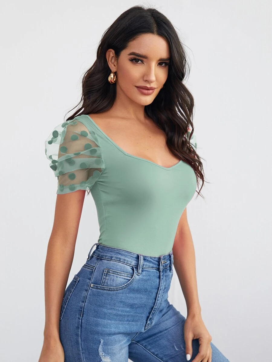 SHEIN Privé Sweetheart Neck Dobby Mesh Sleeve Top - Mint Green - View 1