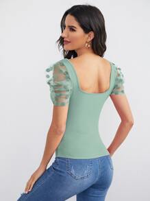 SHEIN Privé Sweetheart Neck Dobby Mesh Sleeve Top - Mint Green - View 2