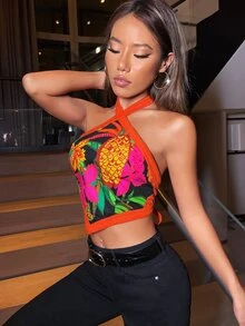 SHEINNeu Áo hai dây Lộ Lưng Buộc lại Hoa Boho - Nhiều màu - Xem 3