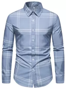 Manfinity Mode Áo sơ mi nam dài tay cổ bẻ họa tiết kẻ caro, thường ngày, thích hợp đi chơi, mùa thu - Màu xanh bụi bặm - Xem 3