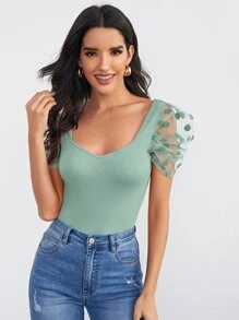 SHEIN Privé Sweetheart Neck Dobby Mesh Sleeve Top - Mint Green - View 4