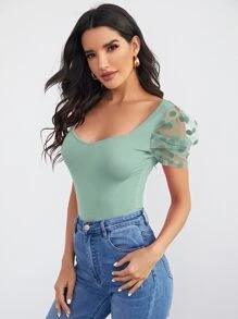 SHEIN Privé Sweetheart Neck Dobby Mesh Sleeve Top - Mint Green - View 5