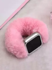 Plush Elastic Fluffy Watch Band Compatible With Apple Watch/huawei/samsung 20mm 22mm Smart Watch (watch And Case Not Included) - Watermelon Pink - View 1