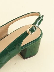 2025秋冬季女士鳄鱼纹压花高跟鞋，尖头粗跟露跟鞋，优雅 - 綠色 - 查看 6