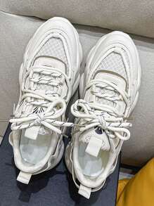 Women Colorblock Patch Decor Sneakers, Round Toe Lace-up Front Chunky Sneakers - Beige - View 4