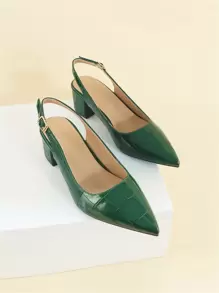 2025秋冬季女士鳄鱼纹压花高跟鞋，尖头粗跟露跟鞋，优雅 - 綠色 - 查看 7