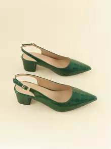 2025秋冬季女士鳄鱼纹压花高跟鞋，尖头粗跟露跟鞋，优雅 - 綠色 - 查看 8