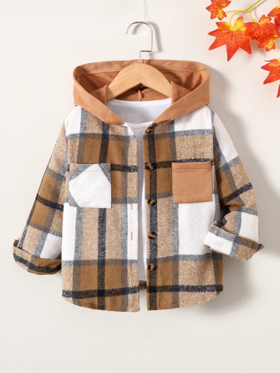 SHEIN 小男童格紋印花連帽外套不帶T恤