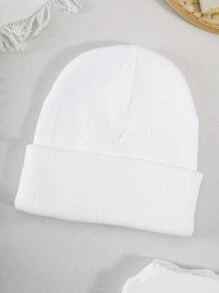 1pc Unisex Letter Embroidered Knit Beanie Hat, Winter Warm - White - View 2