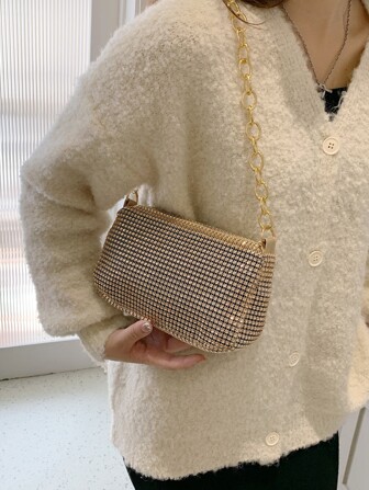 耀眼的閃爍閃光,亮片,奢華,閃亮的迷你鑲嵌方形晚間鏈帶包,晚餐包,假珍珠,鑲嵌晶鑽,適合派對女孩,女人,新娘,完美的派對,婚禮,舞會,晚餐/宴會用