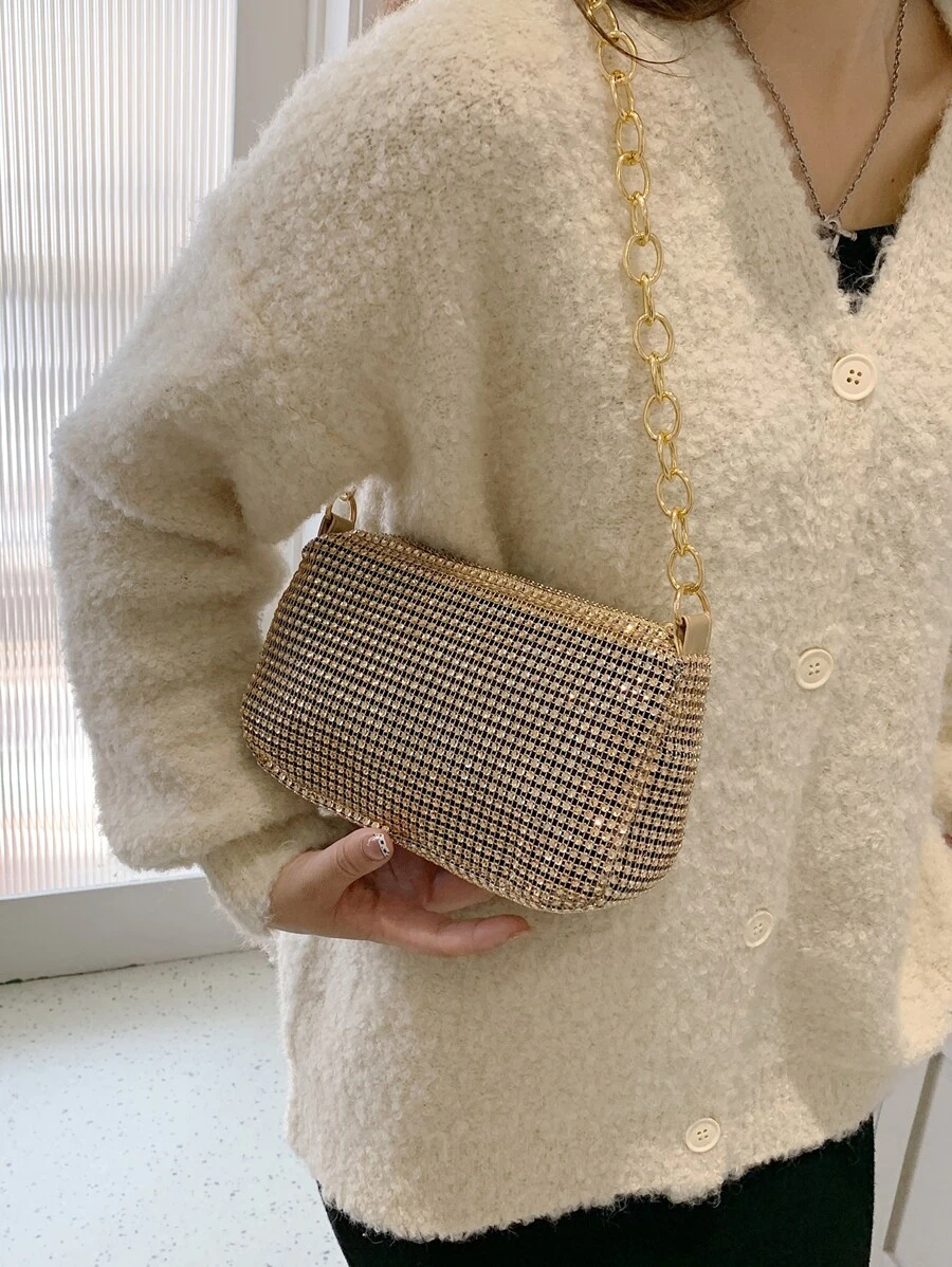 Bolso De Hombro Con Cadena Con Incrustaciones De Diamantes Y Cremallera Para Fiesta Nocturna De Moda, Bolso De Mano Con Textura De Alta Calidad - Dorado - Ver 1