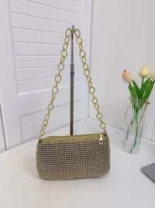 Bolso De Hombro Con Cadena Con Incrustaciones De Diamantes Y Cremallera Para Fiesta Nocturna De Moda, Bolso De Mano Con Textura De Alta Calidad - Dorado - Ver 2