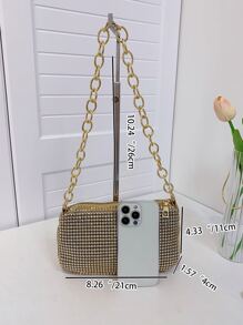 Bolso De Hombro Con Cadena Con Incrustaciones De Diamantes Y Cremallera Para Fiesta Nocturna De Moda, Bolso De Mano Con Textura De Alta Calidad - Dorado - Ver 3