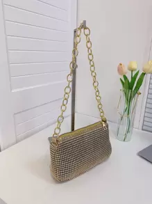 Bolso De Hombro Con Cadena Con Incrustaciones De Diamantes Y Cremallera Para Fiesta Nocturna De Moda, Bolso De Mano Con Textura De Alta Calidad - Dorado - Ver 4