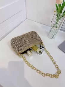 Bolso De Hombro Con Cadena Con Incrustaciones De Diamantes Y Cremallera Para Fiesta Nocturna De Moda, Bolso De Mano Con Textura De Alta Calidad - Dorado - Ver 6