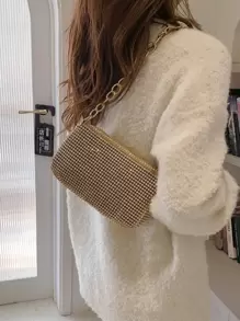 Bolso De Hombro Con Cadena Con Incrustaciones De Diamantes Y Cremallera Para Fiesta Nocturna De Moda, Bolso De Mano Con Textura De Alta Calidad - Dorado - Ver 7