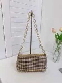 Bolso De Hombro Con Cadena Con Incrustaciones De Diamantes Y Cremallera Para Fiesta Nocturna De Moda, Bolso De Mano Con Textura De Alta Calidad - Dorado - Ver 8