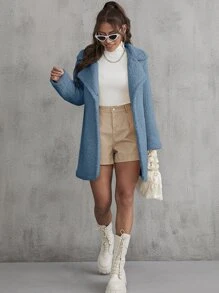 SHEIN EZwear Lapel Collar Single Breasted Teddy Coat - Cadet Blue - View 1