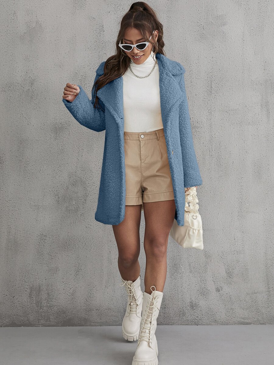 SHEIN EZwear Lapel Collar Single Breasted Teddy Coat - Cadet Blue - View 1