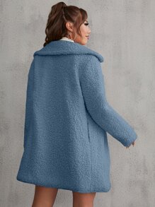 SHEIN EZwear Lapel Collar Single Breasted Teddy Coat - Cadet Blue - View 2