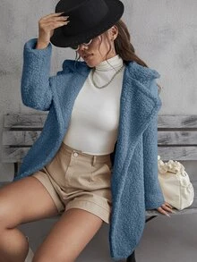 SHEIN EZwear Lapel Collar Single Breasted Teddy Coat - Cadet Blue - View 3