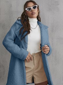 SHEIN EZwear Lapel Collar Single Breasted Teddy Coat - Cadet Blue - View 4