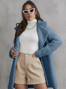 SHEIN EZwear Lapel Collar Single Breasted Teddy Coat - Cadet Blue - View 5