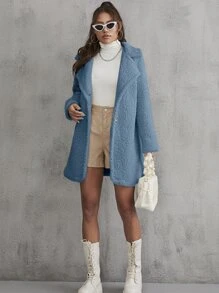 SHEIN EZwear Lapel Collar Single Breasted Teddy Coat - Cadet Blue - View 6