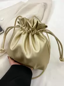 メタリック ドローストリングデザイン バケットバッグ - ゴールド - チェックする 1
