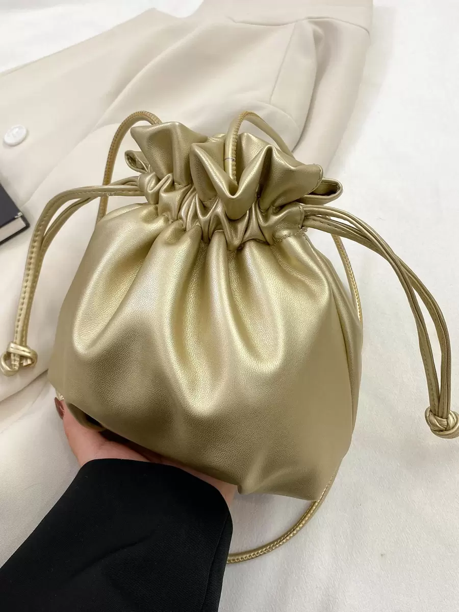 メタリック ドローストリングデザイン バケットバッグ - ゴールド - チェックする 1