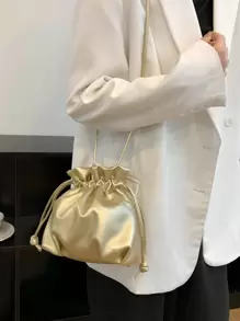 メタリック ドローストリングデザイン バケットバッグ - ゴールド - チェックする 2