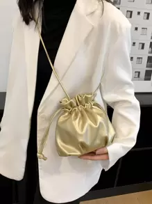 メタリック ドローストリングデザイン バケットバッグ - ゴールド - チェックする 3