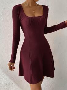 SHEIN Clasi Plus Size Solid Color Knitted Sweater Dress For Fall Autumn, Winter - Burgundy - View 1
