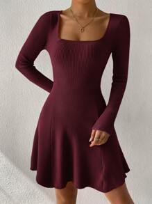 SHEIN Clasi Plus Size Solid Color Knitted Sweater Dress For Fall Autumn, Winter - Burgundy - View 6