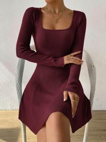 SHEIN Clasi Plus Size Solid Color Knitted Sweater Dress For Fall Autumn, Winter - Burgundy - View 3